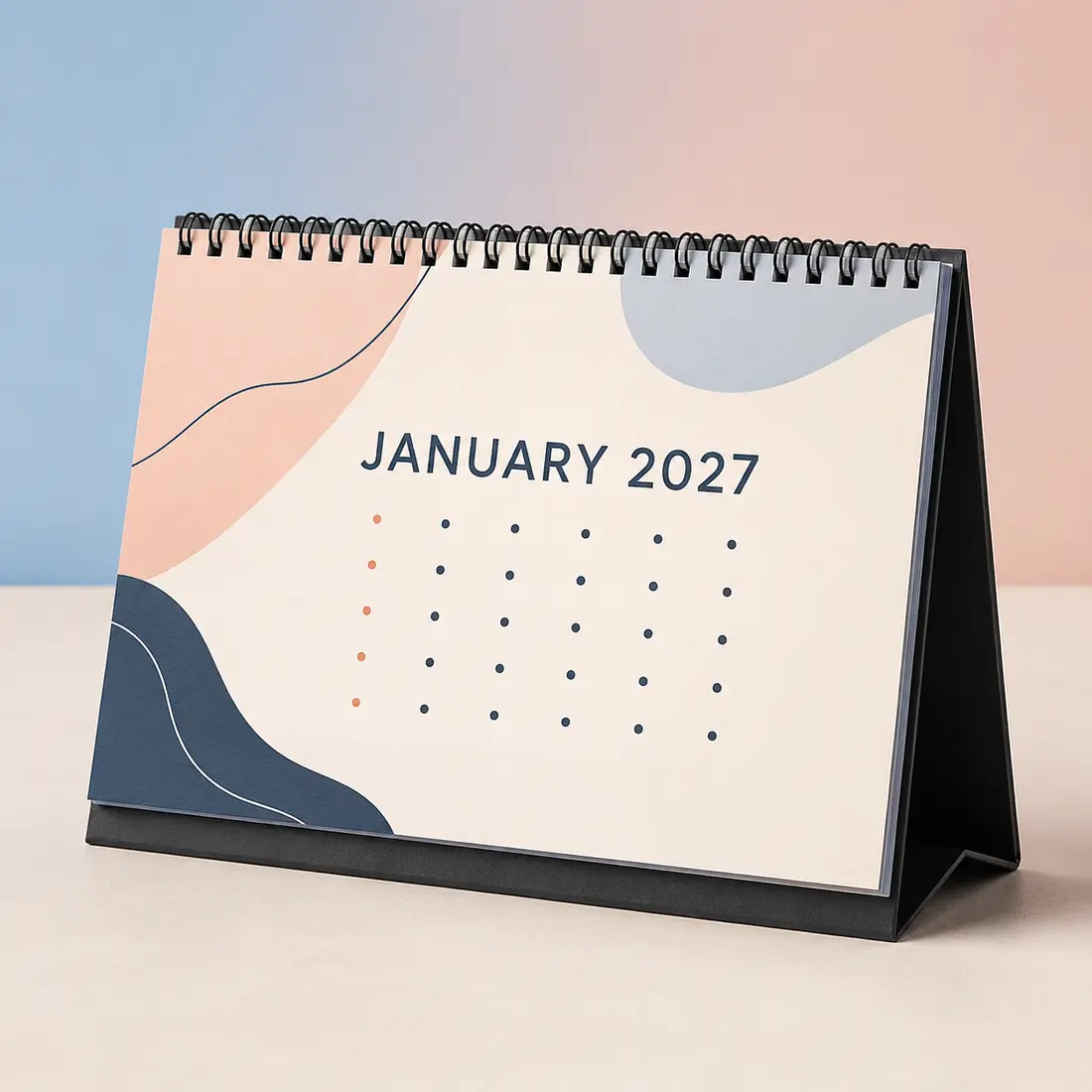 Close-up Desktop Calendar 2027 dengan Wire-O dan stand bukram hitam